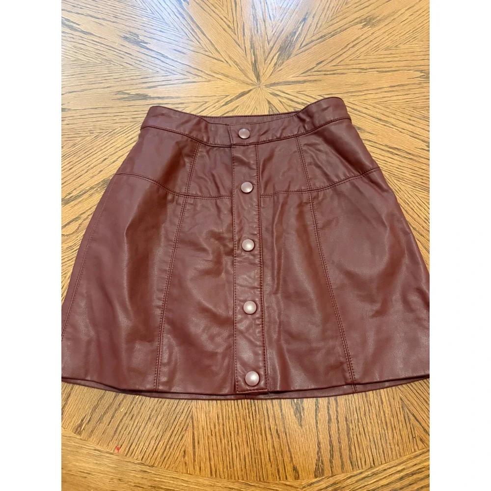 Free People Modern Femme Vegan Leather Mini Skirt Burgundy Wine Button Front 0